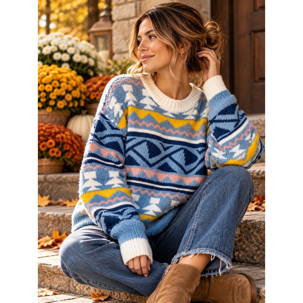 J.ING Women's L Fuzzy Geometric Sweater Blue Oversized Cozy Southwestern Knit